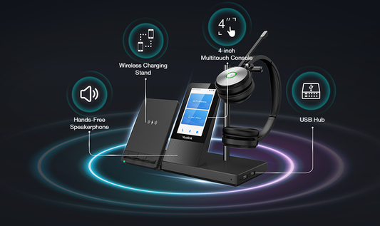 A black multi-functional docking station with an integrated tablet screen, headset, wireless charging stand, hands-free speakerphone, and USB hub, shown with glowing blue and purple circular graphic effects and feature callouts on a dark background.