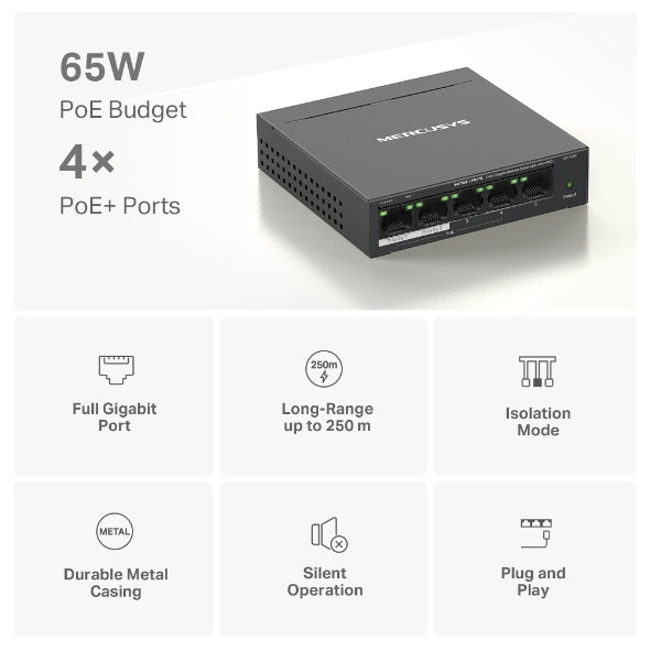Mercusys 5-Port 10/100/1000 Mbps Desktop Switch with 4-Port PoE+ (MS105GP)