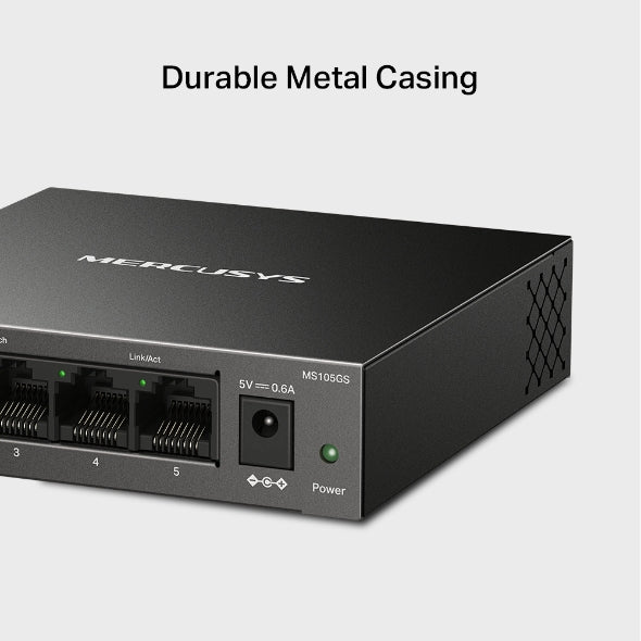 MERCUSYS 5-Port Gigabit Desktop Switch, 5× 10/100/1000Mbps Ports, Multiple Installation, Auto-Negotiation, Auto-MDI/MDIX, Power Saving, Metal case, Plug & Play, No Configuration Required (MS105GS)