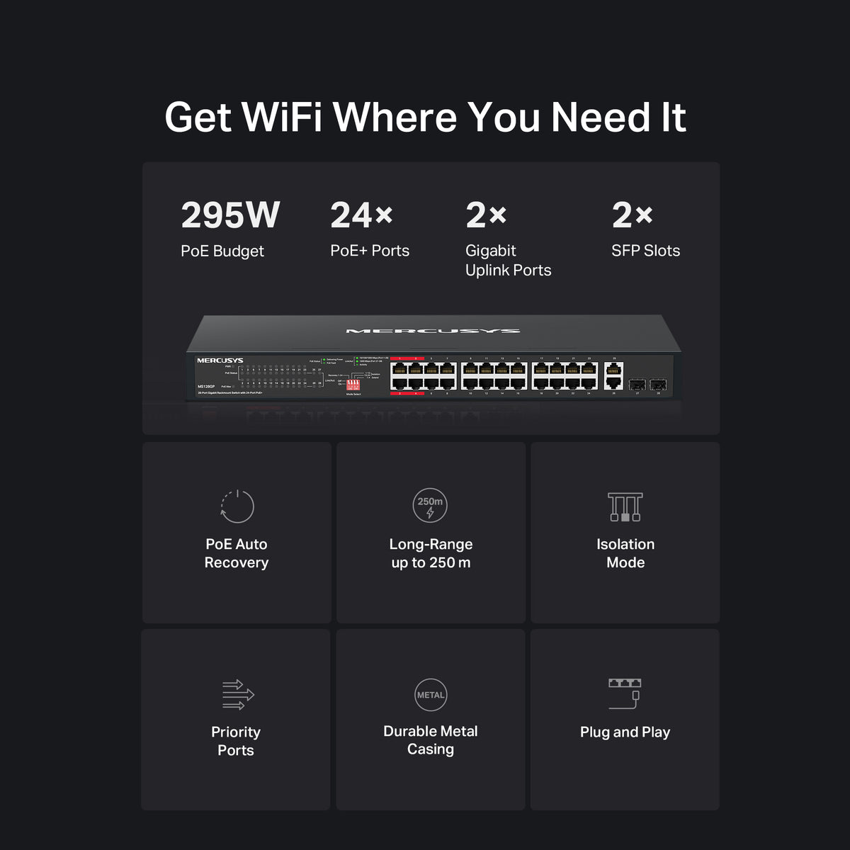 Mercusys MS128GP 28-Port Gigabit Rackmount Switch with 24-Port PoE+ (Max 295W), Long-Range Mode up to 250 m