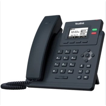 Black VoIP phone with display on a white background