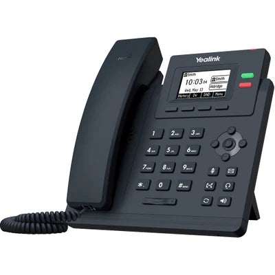 Black VoIP phone with display on a white background