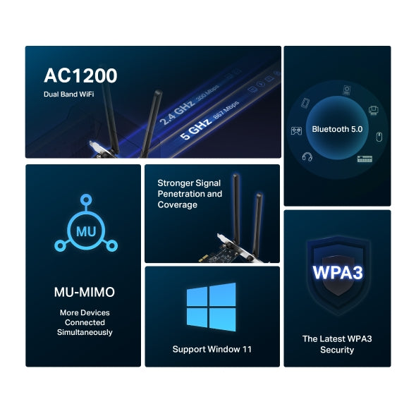 MERCUSYS MA30E WiFi Card AC1200 Mbps Wireless Bluetooth 5.0 PCIe Network Card, MU-MIMO Wider Signal Coverage, PCI Express Bluetooth WiFi Card for Desktop/PC Windows 10/11(64Bit)