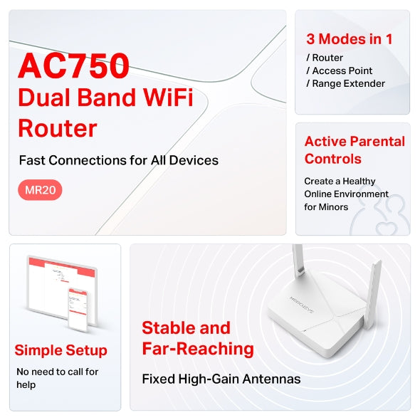 Mercusys MR20 750 Mbps Wireless Dual Band Wi-Fi Router
