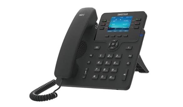 A black DNGSTAR IP phone with a digital display screen, keypad, and coiled handset cord, shown on a plain white background.GlobNetwork