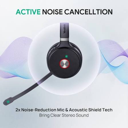 MediLink over-ear headset with a boom microphone, shown from a top-down view inside a white circular graphic with abstract blue and purple wave lines. Text at the top reads 'ACTIVE NOISE CANCELLTION' and text at the bottom highlights noise-reduction mics and acoustic shield tech.