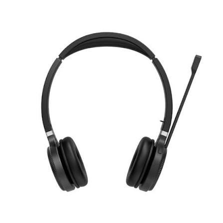 Black over-ear headphones with a microphone on a white background