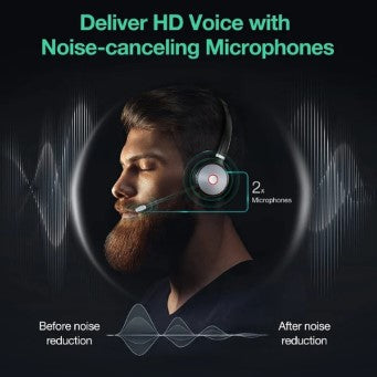 A promotional graphic for a noise-canceling headset, showing a bearded man in profile wearing the headset against a dark background with soundwave graphics and text reading 'Deliver HD Voice with Noise-canceling Microphones' and '2 Microphones'.