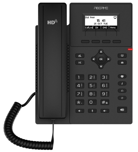 Aberme IP office phone with a black handset and a matching black base unit featuring a small LCD display, navigation buttons, and a coiled handset cord on a white background.