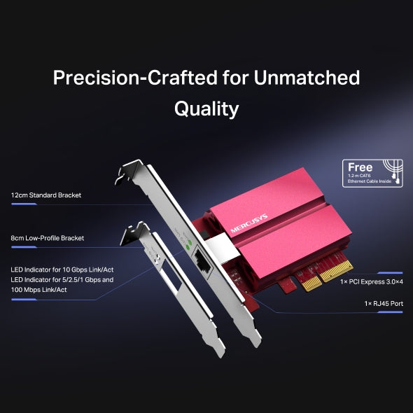 Mercusys MA510E 10 Gigabit PCIe Network Adapter, 1x PCI Express, 1x RJ45 Port,10 Gbps, Full-Height Bracket/Low-Profile Bracket, Wake-on-LAN, Flow Control, Energy-Efficient Ethernet (EEE),