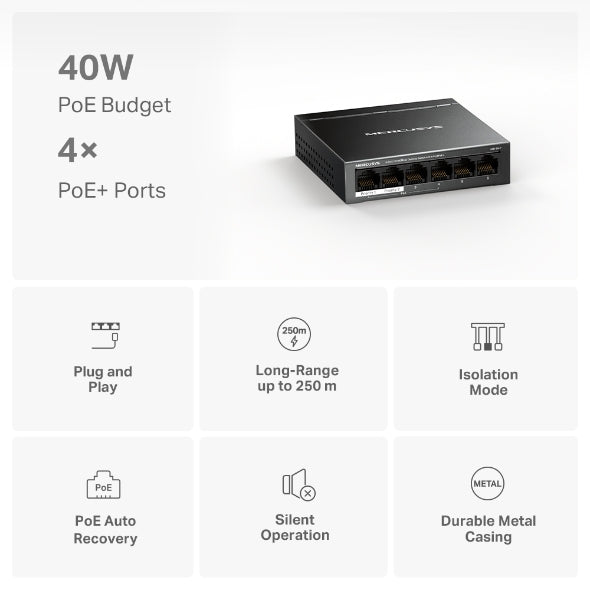 MERCUSYS TP-Link MS106LP PoE+ Switch 6 Ports with 4 PoE+, 30W for PoE Port, 40W on All Ports, 802.3af/at, 2 Uplink Ports for Internet and NVR, Metal Case, Ethernet Splitter, Plug & Play