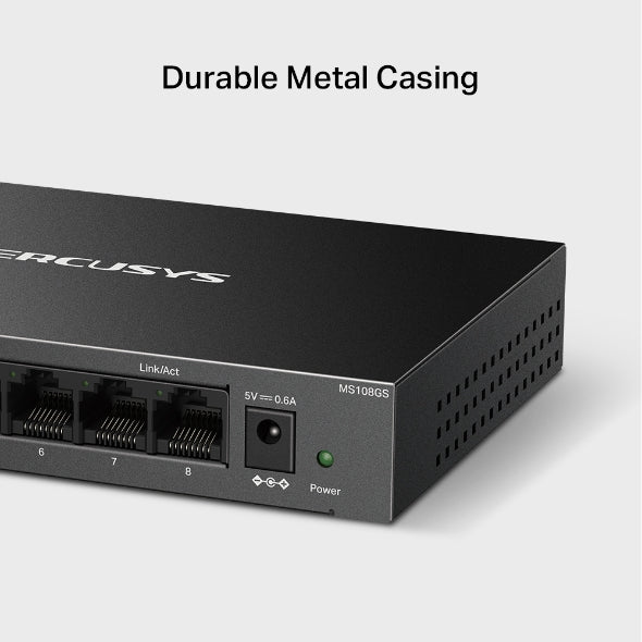 MERCUSYS 8-Port Gigabit Desktop Switch, 8× 10/100/1000Mbps Ports, Multiple Installation, Auto-Negotiation, Auto-MDI/MDIX, Power Saving, Metal case, Plug & Play, No Configuration Required (MS108GS)