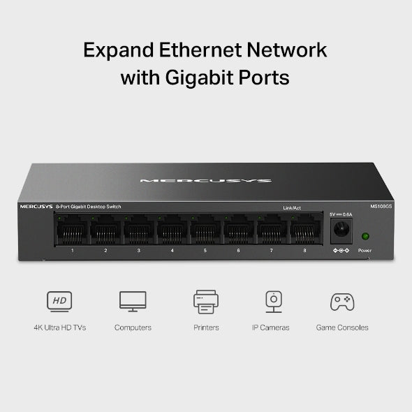 MERCUSYS 8-Port Gigabit Desktop Switch, 8× 10/100/1000Mbps Ports, Multiple Installation, Auto-Negotiation, Auto-MDI/MDIX, Power Saving, Metal case, Plug & Play, No Configuration Required (MS108GS)