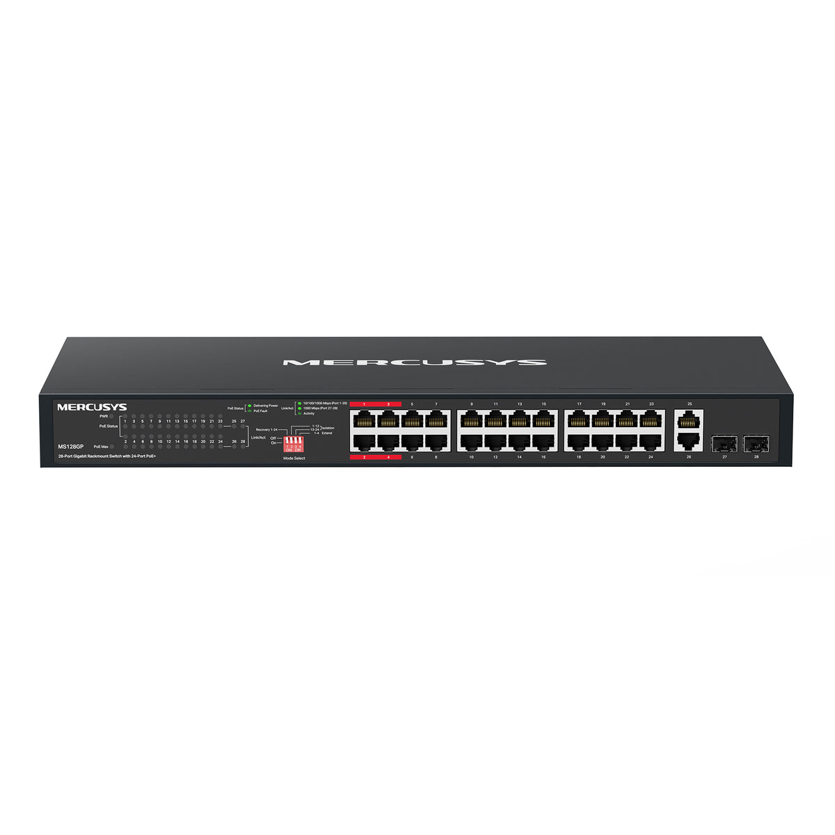 Mercusys MS128GP 28-Port Gigabit Rackmount Switch with 24-Port PoE+ (Max 295W), Long-Range Mode up to 250 m