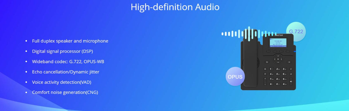 A promotional graphic for a black high-definition telephone with a keypad and speaker, shown on a blue gradient background with text highlighting features such as full duplex speaker and microphone, digital signal processor, and high-definition audio.