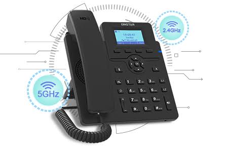 A black Aster digital landline phone with a coiled handset and numeric keypad, shown on a white background with blue 5GHz and 2.4GHz wireless coverage graphics.