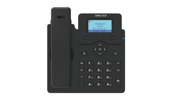 A black Dinstar cordless office phone with a matching handset resting on its base, shown against a plain white background.