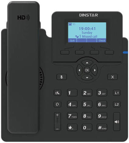 A black Dinstar cordless office phone with a matching handset resting on the left, shown against a plain white background.