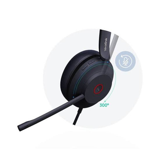 A black over-ear headset with an attached boom microphone, shown on a white background with a light gray circular graphic and a small icon indicating 360-degree coverage.