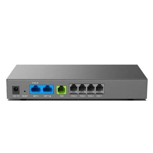 A silver network switch with five RJ45 ports and two blue SFP ports on the rear panel, shown against a plain white background.