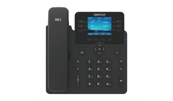A black Dinstar IP office phone with a matching handset resting in the cradle, set against a plain white background.